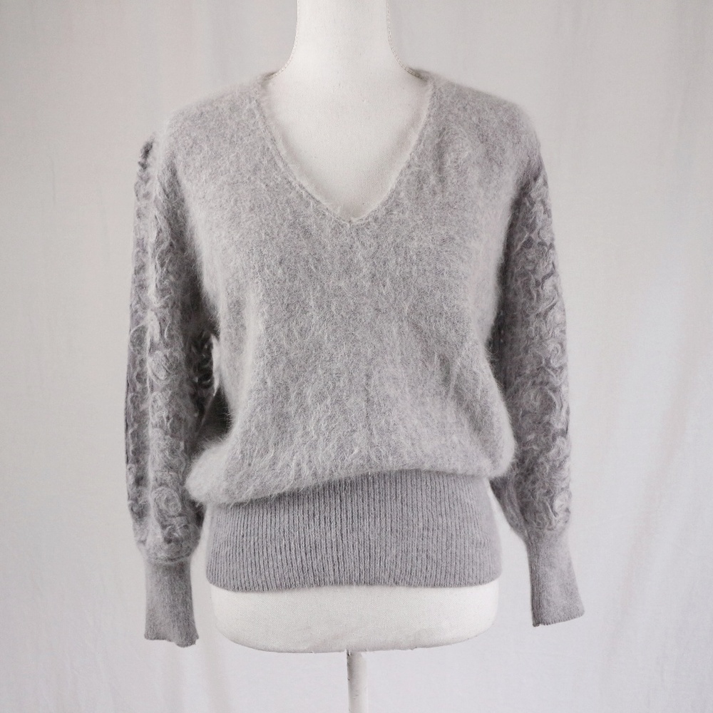 VTG 80's Grey Angora/Wool Sheer Sleeve Sweater S/M